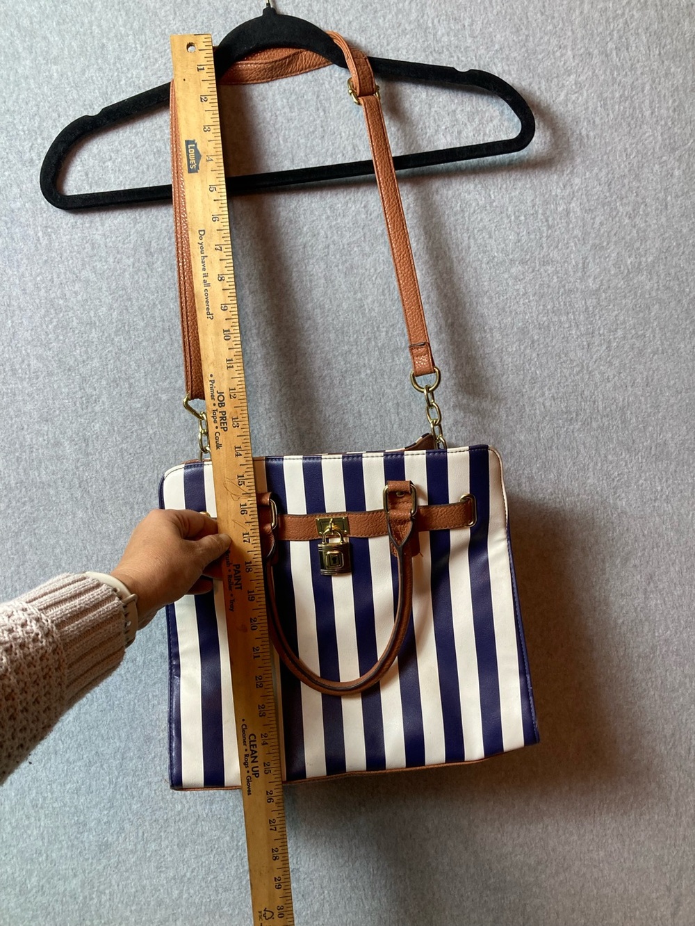 Striped Navy and White bag with Brown Trim